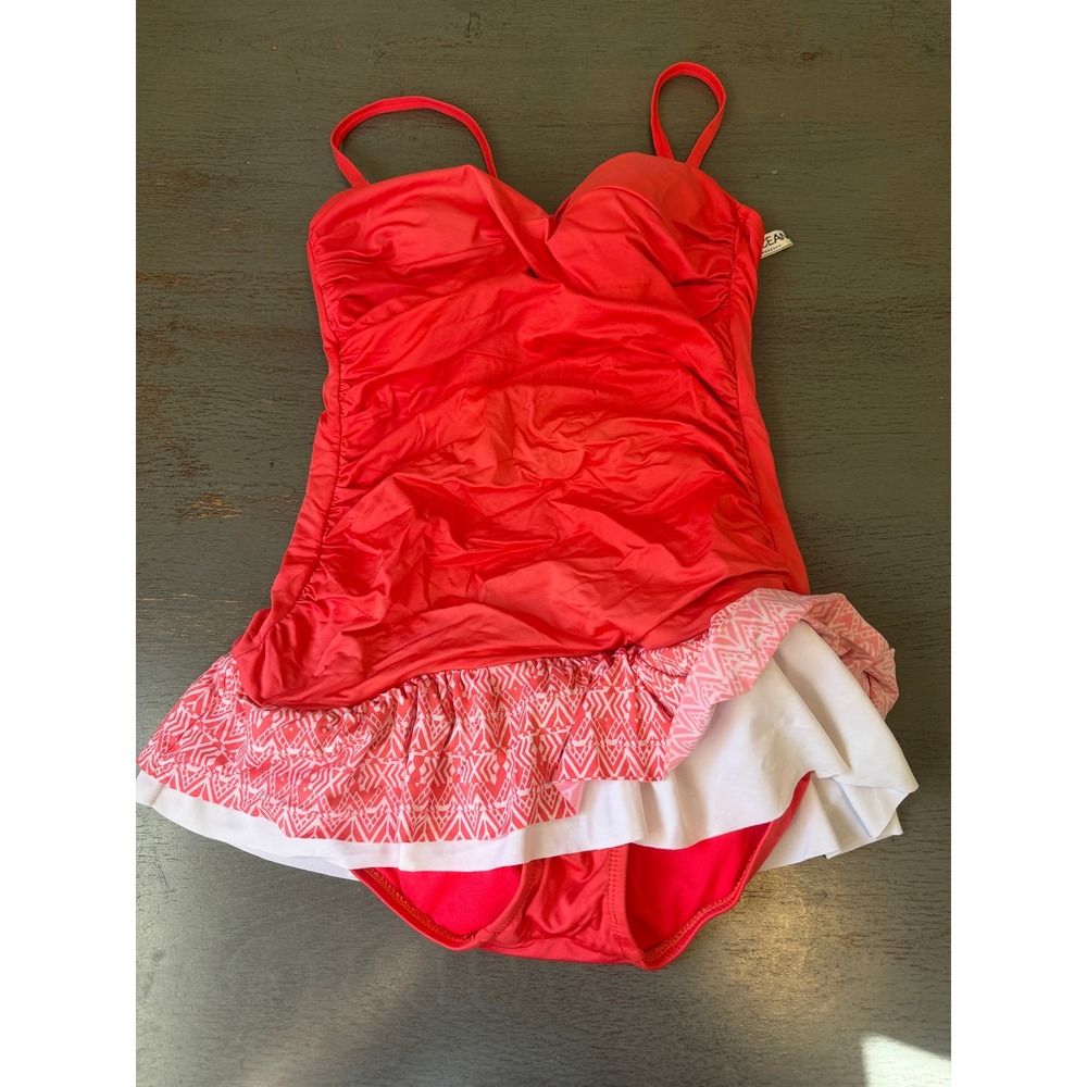 24th & Ocean Womens Red Ruffle Skirted One Piece Swimdress Swimsuit Size M